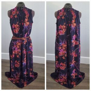 A New Day Women's Maxi Dress Small Blue Floral Smocked Bodice Pockets Sleeveless